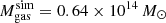 Mathematical equation: $ M_{\mathrm{gas}}^{\mathrm{sim}} = 0.64 \times 10^{14}\,M_{\odot} $