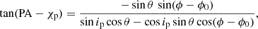 Mathematical equation: $$ \begin{aligned} \tan (\mathrm{PA} -\chi _{\rm p}) = \frac{-\sin \theta \,\sin (\phi -\phi _{0})}{\sin i_{\rm p}\cos \theta - \cos i_{\rm p}\sin \theta \cos (\phi -\phi _{0})}, \end{aligned} $$