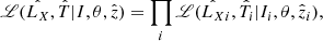 Mathematical equation: $$ \begin{aligned} \fancyscript {L}({\hat{L_X}},{\hat{T}}|I,\theta ,{\hat{z}}) = \prod _i \fancyscript {L}({\hat{L_X}}_i,{\hat{T}}_i|I_i,\theta ,{\hat{z}}_i), \end{aligned} $$