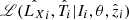 Mathematical equation: $ \mathscr{L}({\hat{L_X}}_i,{\hat{T}}_i|I_i,\theta,{\hat{z}}_i) $