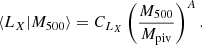 Mathematical equation: $$ \begin{aligned} \langle L_X | M_{500} \rangle = C_{L_X} \left(\frac{M_{500}}{M_{\rm piv}}\right)^A . \end{aligned} $$