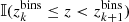 Mathematical equation: $ \mathbb{I}(z^{\mathrm{bins}}_{k} \leq z < z^{\mathrm{bins}}_{k+1}) $