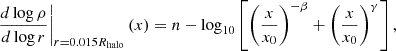 Mathematical equation: $$ \begin{aligned} \left.\frac{d\log {\rho }}{d\log {r}}\right|_{r = 0.015 R_{\rm halo}} (x)&= n - \log _{10} \left[ \left( \frac{x}{x_{0}}\right)^{-\beta } + \left( \frac{x}{x_{0}}\right)^\gamma \right],\end{aligned} $$