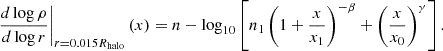 Mathematical equation: $$ \begin{aligned} \left.\frac{d\log {\rho }}{d\log {r}}\right|_{r = 0.015 R_{\rm halo}} (x)&= n - \log _{10} \left[ n_{1} \left( 1+\frac{x}{x_{1}}\right)^{-\beta } + \left( \frac{x}{x_{0}}\right)^\gamma \right]. \end{aligned} $$
