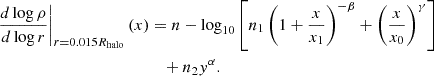 Mathematical equation: $$ \begin{aligned} \left.\frac{d\log {\rho }}{d\log {r}}\right|_{r = 0.015 R_{\rm halo}} (x)&= n - \log _{10} \left[ n_{1} \left( 1+\frac{x}{x_{1}}\right)^{-\beta } + \left( \frac{x}{x_{0}}\right)^\gamma \right]\nonumber \\&\quad + n_{2} y^{\alpha }. \end{aligned} $$