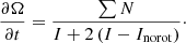 Mathematical equation: $$ \begin{aligned} \frac{\partial \Omega }{\partial t} = \frac{\sum N}{I + 2 \left(I - I_{\rm norot} \right)}\cdot \end{aligned} $$