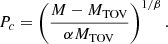 Mathematical equation: $$ \begin{aligned} P_c = \left(\frac{M - M_{\rm TOV}}{\alpha M_{\rm TOV}}\right)^{1/\beta }. \end{aligned} $$
