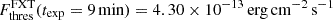 Mathematical equation: $ F^{\mathrm{FXT}}_{\mathrm{thres}}(t_{\mathrm{exp}} = 9\,\mathrm{min}) = 4.30 \times 10^{-13}\,\mathrm{erg\,cm}^{-2}\,\mathrm{s}^{-1} $