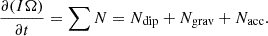 Mathematical equation: $$ \begin{aligned} \frac{\partial (I \Omega )}{\partial t} = \sum N = N_{\mathrm{dip}} + N_{\mathrm{grav}} + N_{\mathrm{acc}}. \end{aligned} $$