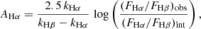 Mathematical equation: $$ \begin{aligned} A_{\rm {H}\alpha } = \frac{2.5 \, k_{\rm {H}\alpha } }{k_{\rm {H}\beta } - k_{\rm {H}\alpha }} \, \log \left( \frac{(F_{\rm {H}\alpha } / F_{\rm {H}\beta } )_{\rm {obs}}}{(F_{\rm {H}\alpha } / F_{\rm {H}\beta } )_{\rm {int}}} \right), \end{aligned} $$