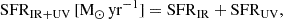 Mathematical equation: $$ \begin{aligned} \mathrm {SFR}_{\rm {IR + UV}} \, [\mathrm {M}_\odot \, \mathrm {yr}^{-1}] = \mathrm {SFR}_{\rm {IR}} + \mathrm {SFR}_{\rm {UV}}, \end{aligned} $$