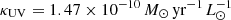 Mathematical equation: $ \kappa_\mathrm{{UV}} = 1.47 \times 10^{-10} \, M_\odot \, \rm{yr}^{-1} \, \mathit{L}_\odot^{-1} $