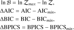Mathematical equation: \begin{split} & \ln \mathcal{B} = \ln \mathcal{Z}_{max} - \ln \mathcal{Z}, \\ & \Delta\text{AIC} = \text{AIC} - \text{AIC}_{min}, \\ & \Delta\text{BIC} = \text{BIC} - \text{BIC}_{min}, \\ & \Delta\text{BPICS} = \text{BPICS} - \text{BPICS}_{min}.\end{split}