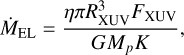 Mathematical equation: ${\mathop M\limits^ \cdot _{{\rm{EL}}}} = {{\eta \pi R_{{\rm{XUV}}}^3{F_{{\rm{XUV}}}}} \over {G{M_p}K}},$