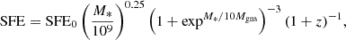 Mathematical equation: $$ \begin{aligned} \mathrm{SFE} = \mathrm{SFE}_0 \left(\frac{M_*}{10^9}\right)^{0.25} \left(1+\exp ^{M_*/10M_{\rm gas}}\right)^{-3} (1+z)^{-1}, \end{aligned} $$