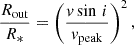 Mathematical equation: $$ \begin{aligned} \frac{R_{\mathrm{out} }}{R_{*}} = \left(\frac{v \sin \,i}{v_{\mathrm{peak} }}\right)^2, \end{aligned} $$