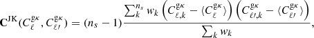 Mathematical equation: $$ \begin{aligned} \mathbf{C}^\mathrm{JK}(C_\ell ^\mathrm{g\kappa }, C_{\ell \prime }^\mathrm{g\kappa }) = (n_s - 1) \frac{ \sum _{k}^{n_s} w_k \left(C_{\ell ,k}^\mathrm{g\kappa }-\langle C_{\ell }^\mathrm{g\kappa } \rangle \right) \left(C_{\ell \prime ,k}^\mathrm{g\kappa }-\langle C_{\ell \prime }^\mathrm{g\kappa } \rangle \right) }{ \sum _k w_k}, \end{aligned} $$