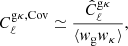 Mathematical equation: $$ \begin{aligned} C_{\ell }^{\mathrm{g}\kappa , \mathrm{Cov}} \simeq \frac{\hat{C}^\mathrm{g\kappa }_{\ell }}{\langle w_{\rm g} w_\kappa \rangle }, \end{aligned} $$