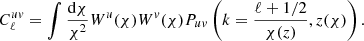 Mathematical equation: $$ \begin{aligned} C_\ell ^{uv} = \int \frac{\mathrm{d} \chi }{\chi ^2}W^u(\chi )W^v(\chi )P_{uv}\left(k=\frac{\ell +1/2}{\chi (z)}, z(\chi )\right). \end{aligned} $$