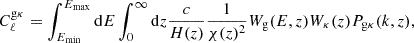 Mathematical equation: $$ \begin{aligned} C_\ell ^{\mathrm{g}\kappa } = \int _{E_{\rm min}}^{E_{\rm max}}\mathrm{d} E \int ^{\infty }_0 \mathrm{d} z \frac{c}{H(z)} \frac{1}{\chi (z)^2} W_{\rm g}(E,z) W_{\kappa }(z)P_{\mathrm{g}\kappa }(k, z), \end{aligned} $$