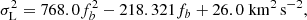 Mathematical equation: $$ \begin{aligned} \sigma _{\rm L}^2 = 768.0f_b^2 - 218.321 f_b+26.0 \; \mathrm{km}^2\,\mathrm{s}^{-2}, \end{aligned} $$