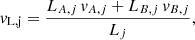 Mathematical equation: $$ \begin{aligned} v_{\mathrm{L,j} } = \frac{L_{A,j} \, v_{A,j} + L_{B,j} \, v_{B,j}}{L_j}, \end{aligned} $$