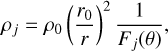 Mathematical equation: \rho_j=\rho_0\left(\frac{r_0}{r}\right)^2\frac{1}{F_j(\theta)},
