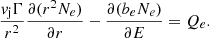 Mathematical equation: $$ \begin{aligned} \frac{v_{\rm j} \Gamma }{r^2} \frac{\partial (r^2 N_e)}{\partial r} - \frac{\partial (b_e N_e)}{\partial E} = Q_e. \end{aligned} $$