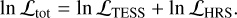 Mathematical equation: \ln \mathcal{L}_{\mathrm{tot}} =\ln \mathcal{L}_{\mathrm{TESS}}+\ln \mathcal{L}_{\mathrm{HRS}}.