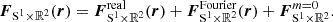 Mathematical equation: $$ \begin{aligned} \boldsymbol{F}_{\mathrm{S} ^1\times \mathbb{R} ^2}(\boldsymbol{r}) = \boldsymbol{F}_{\mathrm{S} ^1\times \mathbb{R} ^2}^\mathrm{real}(\boldsymbol{r}) + \boldsymbol{F}_{\mathrm{S} ^1\times \mathbb{R} ^2}^\mathrm{Fourier}(\boldsymbol{r}) + \boldsymbol{F}_{\mathrm{S} ^1\times \mathbb{R} ^2}^{m = 0}. \end{aligned} $$