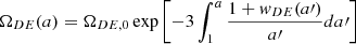 Mathematical equation: $$ \begin{aligned} \Omega _{DE}(a) = \Omega _{DE,0} \exp \left[ -3 \int _1^a \frac{1 + w_{DE}(a\prime )}{a\prime } da\prime \right] \end{aligned} $$