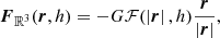 Mathematical equation: $$ \begin{aligned} \boldsymbol{F}_{\mathbb{R} ^3}(\boldsymbol{r}, h) = -G\mathcal{F} (\left| \boldsymbol{r} \right|, h)\frac{\boldsymbol{r}}{\left| \boldsymbol{r} \right|}, \end{aligned} $$
