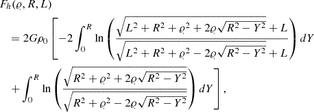 Mathematical equation: $$ \begin{aligned}&F_h(\varrho ,R,L) \nonumber \\&\quad = 2G\rho _0\left[-2\int ^R_0 \ln \left( \frac{\sqrt{L^2+R^2+\varrho ^2+2\varrho \sqrt{R^2-Y^2}}+L}{\sqrt{L^2+R^2+\varrho ^2-2\varrho \sqrt{R^2-Y^2}}+L}\right) dY \right. \nonumber \\&\quad \left. + \int ^R_0 \ln \left( \frac{\sqrt{R^2+\varrho ^2+2\varrho \sqrt{R^2-Y^2}}}{\sqrt{R^2+\varrho ^2-2\varrho \sqrt{R^2-Y^2}}}\right) dY\right], \end{aligned} $$