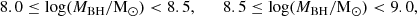 Mathematical equation: $$ \begin{aligned} 8.0 \le \log (M_{\rm BH}/\mathrm{M_\odot }) < 8.5, \qquad 8.5 \le \log (M_{\rm BH}/\mathrm{M_\odot }) < 9.0, \end{aligned} $$