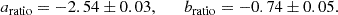 Mathematical equation: $$ \begin{aligned} a_{\rm ratio} = -2.54 \pm 0.03,\qquad b_{\rm ratio} = -0.74 \pm 0.05. \end{aligned} $$