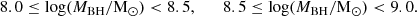 Mathematical equation: $$ \begin{aligned} 8.0 \le \log (M_{\rm BH}/\mathrm{M_\odot }) < 8.5, \qquad 8.5 \le \log (M_{\rm BH}/\mathrm{M_\odot }) < 9.0. \end{aligned} $$