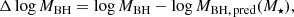 Mathematical equation: $$ \begin{aligned} \Delta \log M_{\rm BH} = \log M_{\rm BH} - \log M_{\rm BH,\,pred}(M_\star ), \end{aligned} $$