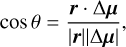 Mathematical equation: $\[\cos~ \theta=\frac{\boldsymbol{r} \cdot \Delta \boldsymbol{\mu}}{|\boldsymbol{r}||\Delta \boldsymbol{\mu}|},\]$