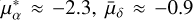 Mathematical equation: $\[\bar{\mu}_{\alpha}^{*} \approx-2.3, \bar{\mu}_{\delta} \approx-0.9\]$
