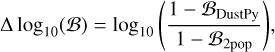 Mathematical equation: $\[\Delta ~\log _{10}(\mathcal{B})=\log _{10}\left(\frac{1-\mathcal{B}_{\text {DustPy}}}{1-\mathcal{B}_{2 \text {pop}}}\right),\]$