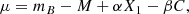 Mathematical equation: $$ \begin{aligned} \mu = m_B - M + \alpha X_1 - \beta C , \end{aligned} $$