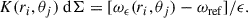 Mathematical equation: $$ \begin{aligned} K(r_i, \theta _j)\ \mathrm{d}\Sigma =[{\omega _\epsilon (r_i,\theta _j)-\omega _{\rm ref}}]/{\epsilon }. \end{aligned} $$