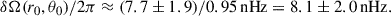 Mathematical equation: $$ \begin{aligned} \delta \Omega (r_0, \theta _0)/2\pi \approx (7.7 \pm 1.9)/0.95\,\mathrm{nHz} = 8.1 \pm 2.0\,\mathrm{nHz}. \end{aligned} $$