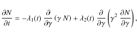 \begin{displaymath}
\frac{\partial N}{\partial t}=-
\lambda_1 (t)~ \frac{\parti...
...mma}\left({\gamma^2~\frac{\partial N}{\partial\gamma}}\right),
\end{displaymath}